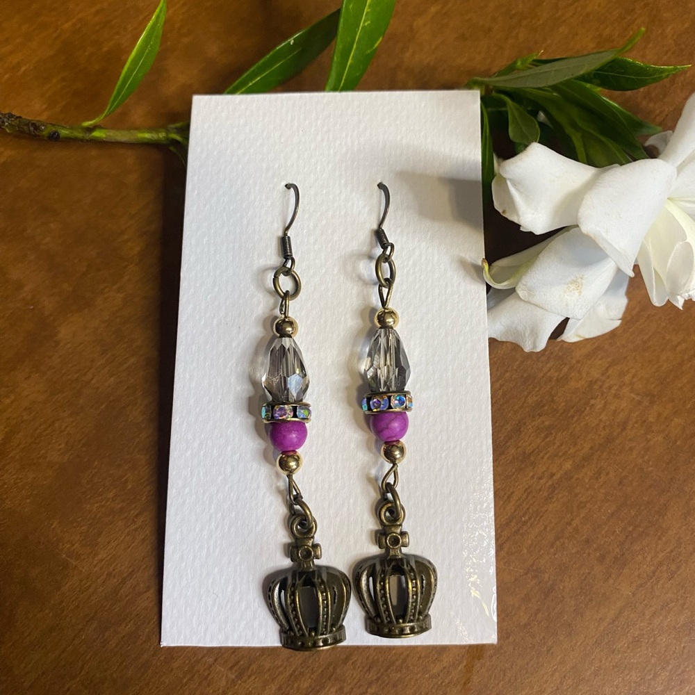 Elegant Crown Drop Earrings with Pink Accents